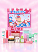A Baerry Advent Calendar beauty gift set arranged in front of its pink illustrated box. The set includes skincare products such as a glutathione serum mask sheet, APLB skincare tubes, Purite products, and other cosmetic items on a reflective pink surface.