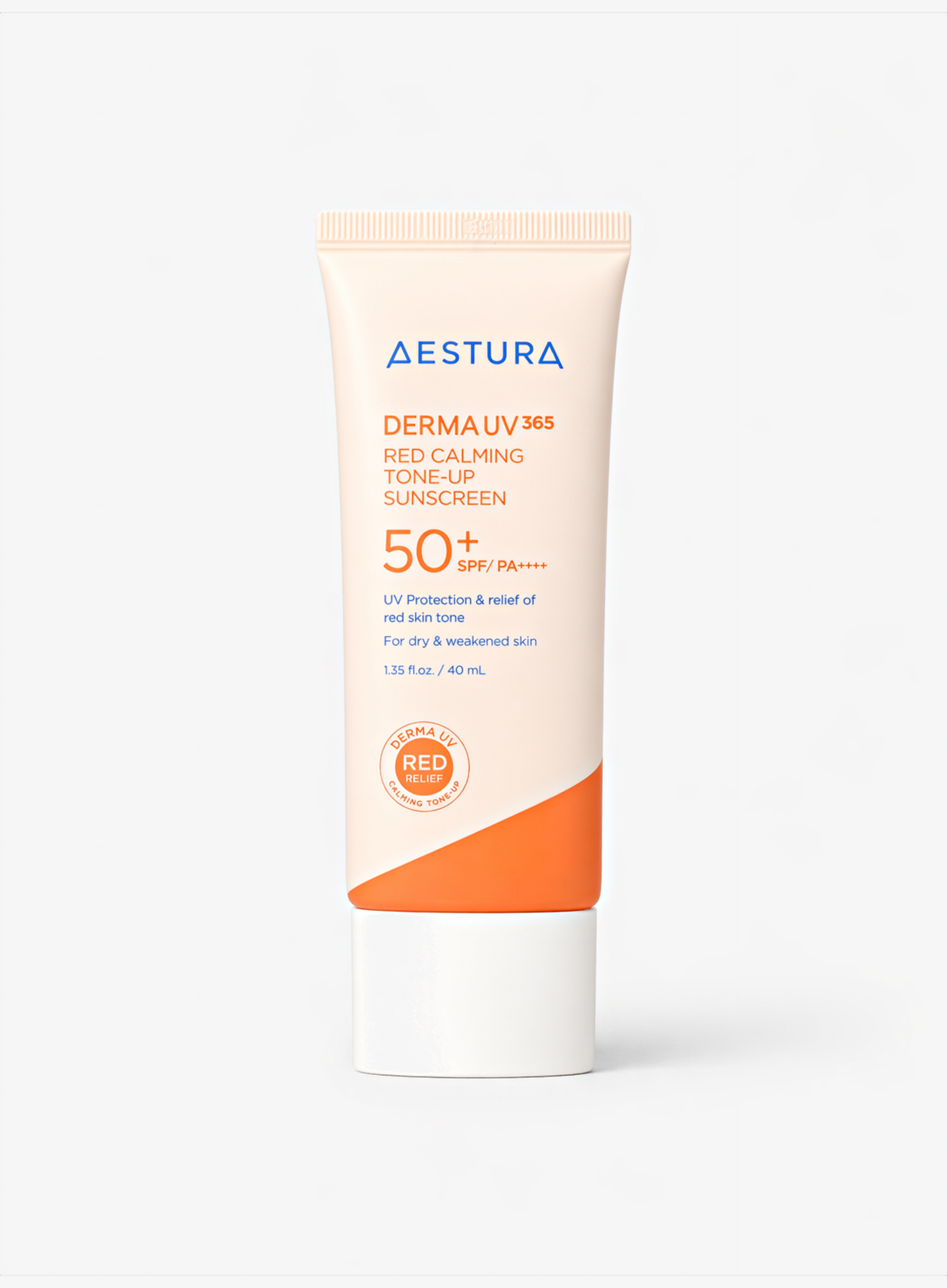 Aestura Derma UV 365 Red Calming Tone-Up Sunscreen tube — K-beauty tone-up SPF 50+ PA++++ for sensitive skin