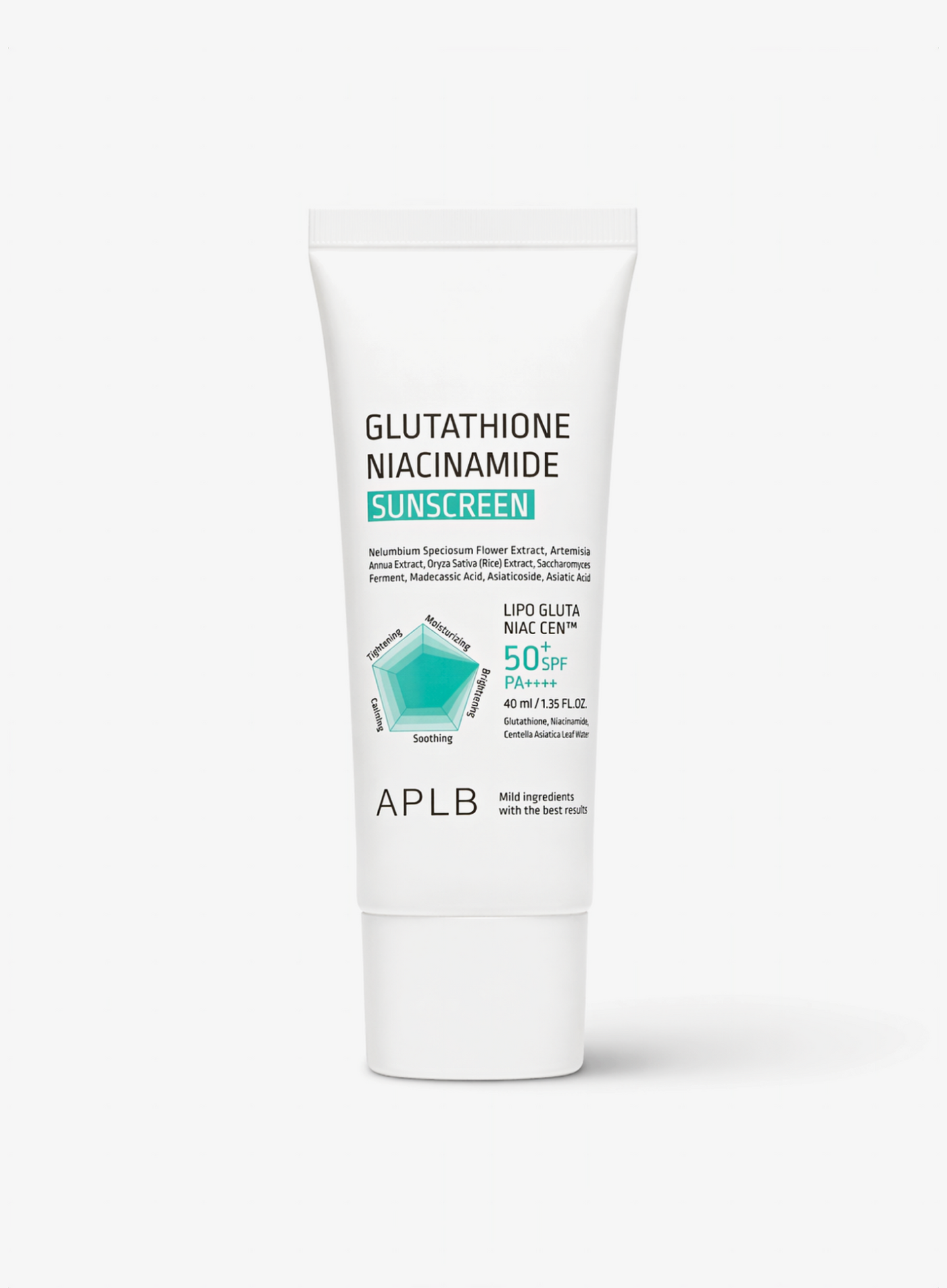 APLB glutathione niacinamide SPF50 sunscreen tube for brightening daily sun protection