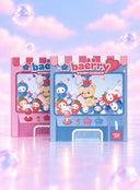 Two colorful advent calendar boxes shaped like claw machines, one pink and one blue, featuring cartoon characters and the text 'baerry advent calendar' on a pastel pink sky background with floating bubbles.