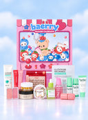 A Baerry Advent Calendar set displayed with multiple skincare and beauty products in front of it, on a light blue cloudy background. The calendar features a pink retro arcade machine design with cartoon characters, and the products include various tubes, jars, and bottles.