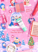 A festive Christmas-themed beauty advent calendar flat lay on a pink background with cartoon bunnies, trees, and numbered doors. Visible products include a Purito lip balm tube, a Numb Chik bottle, a compact blush palette, false eyelashes, and a balm tin, with text reading 'Baerry Surprise' and 'Pick a Door.