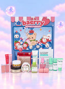 A Baerry Advent Calendar beauty gift set displayed against a pastel pink and blue sky background with floating bubbles. The set includes a blue advent calendar box with cartoon bears and strawberries, multiple skincare and makeup products such as tubes, jars, and bottles, and a white packet labeled Glutathione Niacinamide.