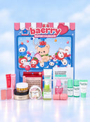 A Baerry Advent Calendar beauty gift set displayed against a light blue cloudy background. The set includes a large blue advent calendar box with cartoon characters and a pink striped top, surrounded by various cosmetic products such as lip glosses, a cream product, a jar, and several Purito bottles.