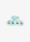 Azure Berry Blue Hair Pin IL529 blue marble resin claw clip direct front view displaying four cherry rhinestone clusters and crystal rhinestone row along upper arch