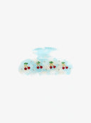 Azure Berry Blue Hair Pin IL529 blue marble resin claw clip side view showing four cherry rhinestone motifs with scattered crystal accents on flat body