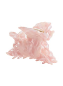 Belle Hair Clip IL503 pink side view showing gold spring hinge mechanism and ruffle-edged pearlescent resin claw clip