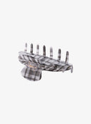 Black Check Hair Pin IL530 black and white plaid overhead angle view showing clip open with inner spring mechanism visible and upper comb teeth spread