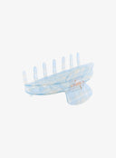 Blue Check Hair Pin IL530 light blue open detail view showing inner spring hinge hardware and upward-facing teeth with translucent plaid texture