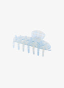 Blue Check Hair Pin IL530 light blue bottom view open position displaying dual rows of translucent teeth and semi-transparent plaid acrylic body