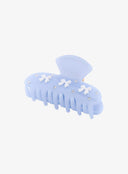 Blue Ribbon Jewel Hair Pin IL530 blue back angled view showing open claw teeth underside white bow motifs and scattered rhinestone studs