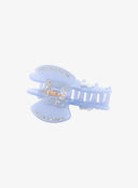 Blue Ribbon Jewel Hair Pin IL530 blue top-down detail view of open clip exposing gold coil spring hinge crystal row on paddle and white bow embellishments