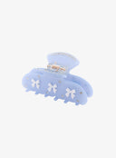 Blue Ribbon Jewel Hair Pin IL530 blue angled side view revealing gold spring hinge mechanism and crystal-lined top edge with white bow accents
