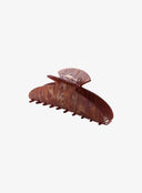 Brown Shell Hair Pin IL530 brown angled side view open position revealing inner spring hinge mechanism and scalloped shell top detail