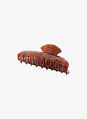 Brown Shell Hair Pin IL530 brown angled view closed showing elongated comb teeth underside and scalloped fan top with tortoiseshell marble texture