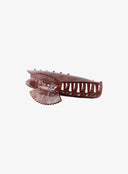 Brown Shell Hair Pin IL530 brown detail view fully open displaying inner cage teeth structure spring hinge and scalloped shell top underside