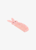 Bunny Comb IL530 Pink angled side view lying diagonally showing bunny head with black dot eyes and wide-tooth comb in marble pink acrylic