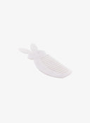 Bunny Comb IL530 White angled back view lying diagonally revealing smooth reverse side of bunny-shaped wide-tooth solid white acrylic comb