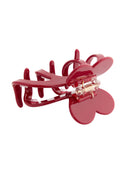 Clara Hair Clip IL503 burgundy red open clip detail view exposing dual heart panels gold coil spring hinge and serrated inner teeth