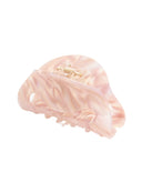 Freya Hair Clip IL503 pink marble angled back view revealing gold-tone spring hinge mechanism and open claw structure
