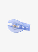 Half Moon Hair Pin IL530 Blue bottom close-up showing open clip jaw, gold coil spring pivot, and inner claw structure