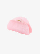 Half Moon Hair Pin IL530 Pink side angle detail revealing gold-toned spring hinge mechanism and translucent pink resin body