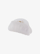Half Moon Hair Pin IL530 White side angle detail showing gold-toned spring hinge mechanism and translucent white marble resin body
