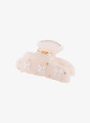 Light Beige Ribbon Jewel Hair Pin IL530 light beige angled side view revealing gold spring hinge mechanism and crystal rhinestone trim along top edge