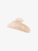 Light Beige Shell Hair Pin IL530 light beige angled side view open position revealing metal spring hinge mechanism and pearlescent acrylic finish