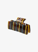 Marin Stripe Hair Pin IL529 brown blue yellow striped acetate claw clip angled three-quarter view showing spring mechanism teeth and side profile