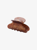 Mini Marble Hair Pin IL530 Brown angled side view open position revealing gold-toned spring hinge mechanism and dual oval plates with tortoise marble finish