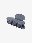 Mini Marble Hair Pin IL530 Gray bottom angled view open showing arch-shaped comb teeth and inner gripping rows in charcoal gray marble acrylic