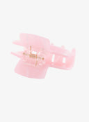 Mini Square Hair Pin IL530 pink bottom-up detail view showing inner gold-tone spring hinge and open claw teeth semi-translucent resin