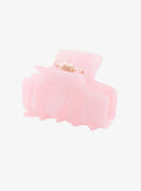 Mini Square Hair Pin IL530 pink angled side view showing gold-tone metal spring hinge mechanism semi-translucent resin hair claw clip