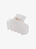 Mini Square Hair Pin IL530 white angled side view showing gold-tone metal spring hinge mechanism matte resin hair claw clip