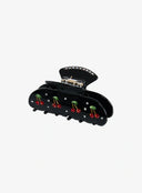 Onyx Berry Black Hair Pin IL529 black angled side view open clip revealing gold spring hinge mechanism and crystal cherry embellishments on body