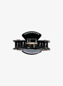 Onyx Berry Black Hair Pin IL529 black end view showing gold spring hinge interior with iridescent rhinestone trim on top paddle and bottom jaw