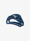 Selene Half Moon Hair Pin IL529 Navy blue angled side shot open position revealing gold spring hinge and claw teeth glossy resin