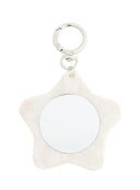 Sienna Stra Compact Mirror IL503 White close-up front detail showing pearlescent star-shaped body round mirror surface and polished silver carabiner ring